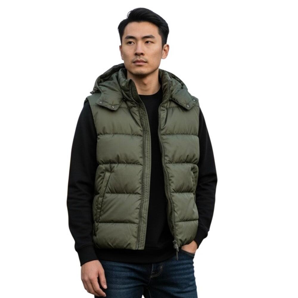 French Connection Marine Khaki Hooded Puffer Vest Size M, MSRP $ 118